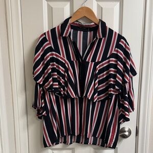 Religion UK striped rayon ruffle three-quarter sleeve top, medium